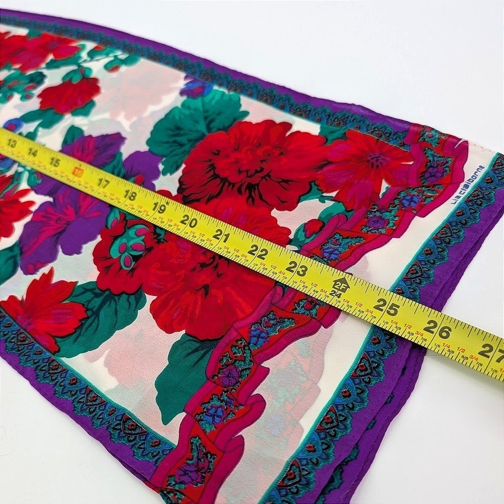 Rare Liz‎ Claiborne Vintage Floral Silk Scarf Red Purple White Paisley Border - Picture 6 of 7